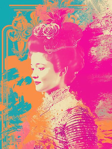Rococo pop-art portret van een vrouw in gekke kleuren