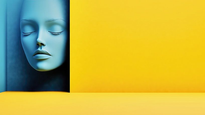 Visage bleu de mannequin devant un mur jaune par Frank Heinz