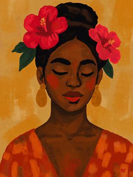 Sunny Disposition - Modernes afrikanisches Porträt mit Hibiskus von Patricia Leona Art