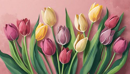 Lente tulpen bloemen op roze achtergrond, schilderij
