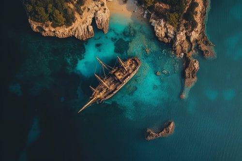 Een oude scheepswrak ligt stil op het zeewater