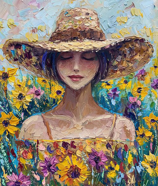 femme avec chapeau parmi les fleurs par Egon Zitter