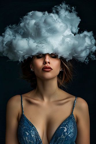 vrouw met hoofd in de wolken