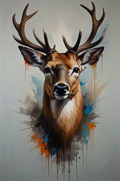 Expressive Deer Portrait with Colourful Splashes by De Muurdecoratie