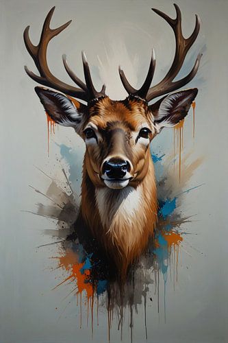 Portrait expressif de cerf avec des éclaboussures colorées