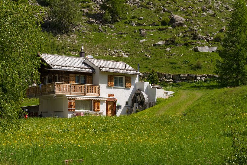 Typisch Zwitsers berghuis met waterrad van Justin Suijk