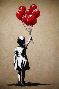 Silhouet meisje met glanzende rode ballonnen van De Muurdecoratie