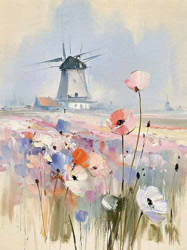 Nederlandse molen tussen bloemenvelden