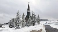 De kerk van Rogla in de Sloveens Alpen in een besneeuwd landschap.