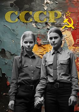 Gelukkig jong communisme Sovjet meisjes op een billboard - vintage stijl reclame van Animaflora PicsStock