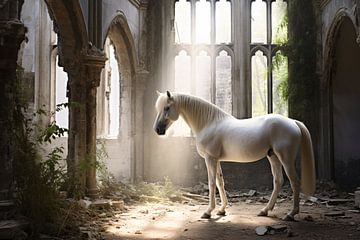 Wit paard in een verlaten kasteel van Mathias Ulrich