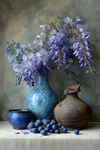 Blauwe Regen Stilleven met Kruiken en Druiven van Joriali Fine Art
