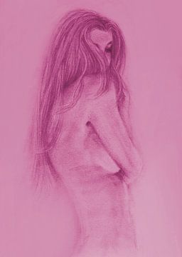 Schets jonge vrouw , discreet naakt neon roze van Krista Kitsz Art