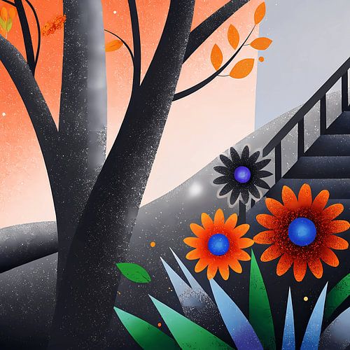 Stylized Tree with Flowers and Stairs