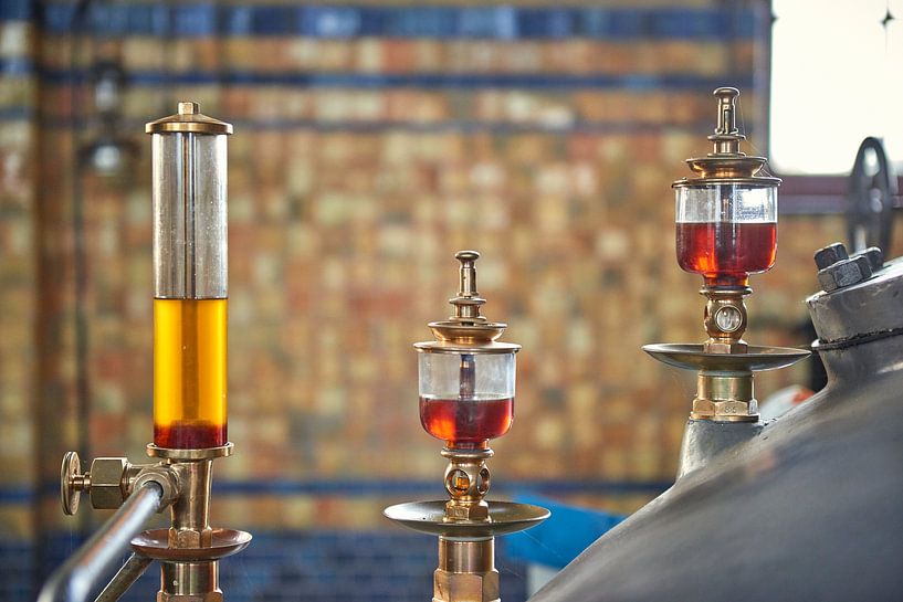 Three antique gauge glasses with coloured liquid by Jenco van Zalk