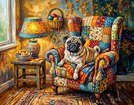 Whimsical Cottage Mops Dog Armchair Illustration