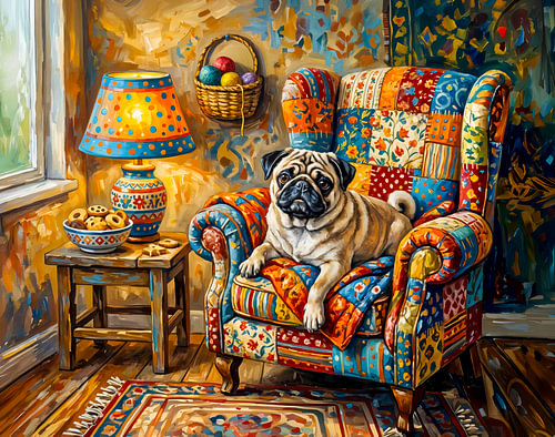 Whimsical Cottage Mops Dog Armchair Illustration