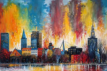 Expressionistische Rotterdamse Skyline in Kleur van Arjen Roos