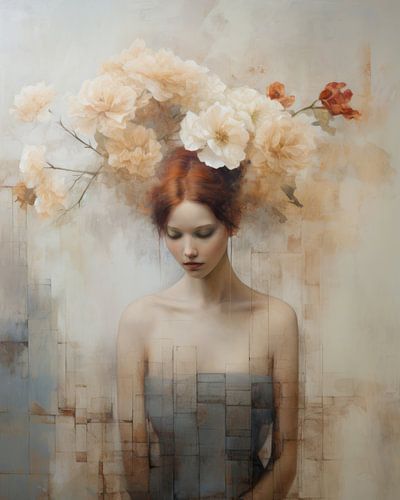 Portret met bloemen in wabi-sabi stijl