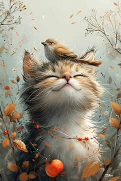 poes - kat met vogeltje van Gelissen Artworks