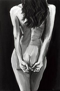 Vrouw naakt rugzijde grijstinten schilderij van Krista Kitsz Art