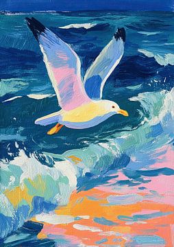 Möwenflug über farbenprächtiger Brandung von Niklas Maximilian