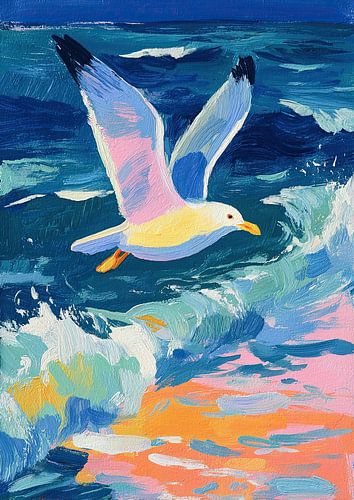 Meeuwen vliegen boven kleurrijke branding