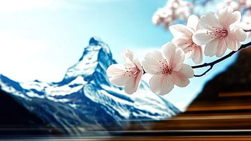 Kersenbloesems voor een majestueuze berg van Frank Heinz