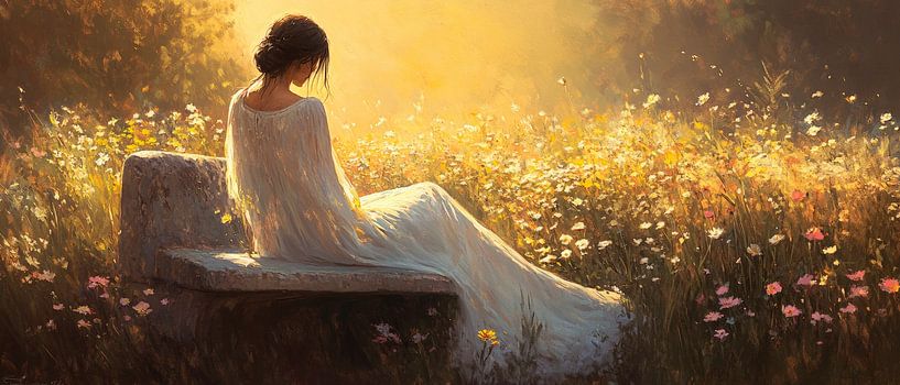 Woman in the sunlight on a bench by Poster Art Shop