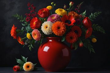 Sélection de fleurs exubérantes dans un vase radieux sur De Muurdecoratie
