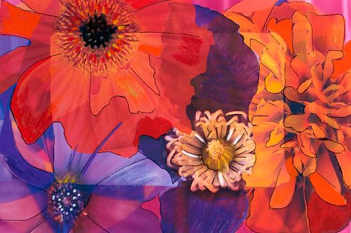 Mixed media with different flowers in red, orange and purple