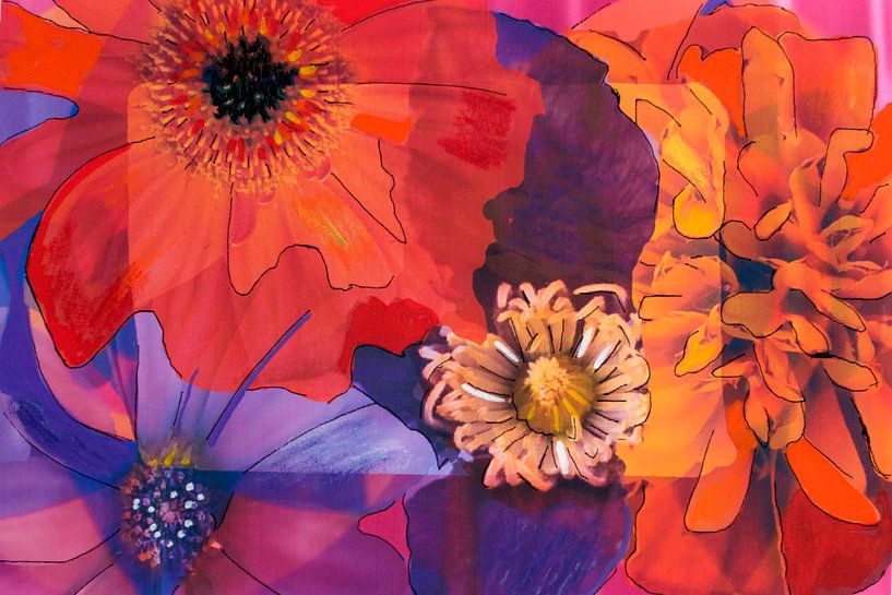 Médias mixtes avec différentes fleurs en rouge, orange et violet par Therese Brals