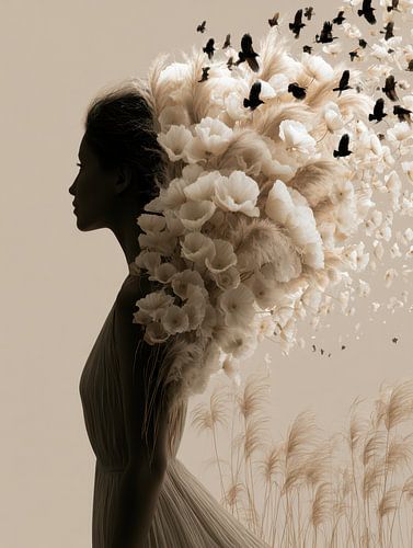 Gedachten in Vlucht – Surrealistisch Portret met Bloemen en Vogels