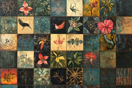Donker mysterieus patchwork kunstwerk van vintage tegels