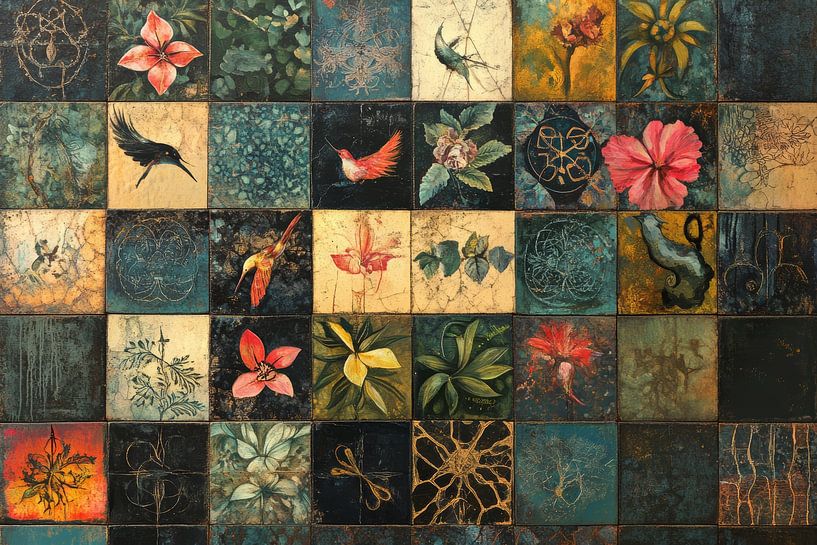 Donker mysterieus patchwork kunstwerk van vintage tegels van Digitale Schilderijen