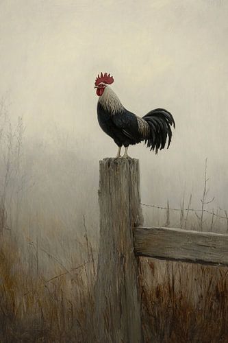 Haan op mistig hek