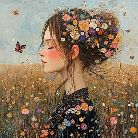 Bloemenveld | Bloemen Vrouw van Blikvanger Schilderijen