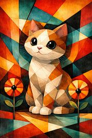 Chat géométrique coloré – Décoration murale rétro-moderne