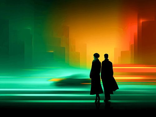 Silhouette of a couple in front of a futuristic neon city