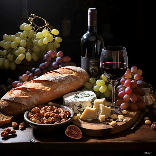 stilleven van wijn, kaas en brood