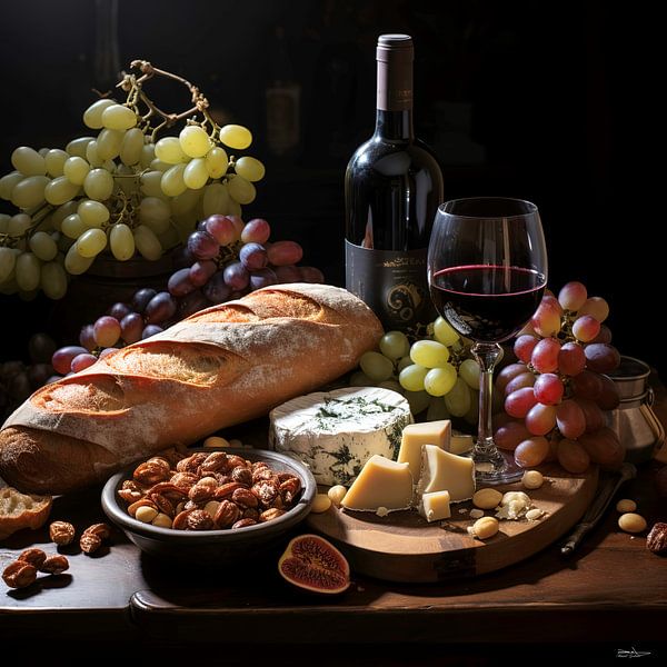 stilleven van wijn, kaas en brood von Gelissen Artworks