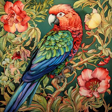 Portrait de perroquet avec des fleurs sur Vlindertuin Art