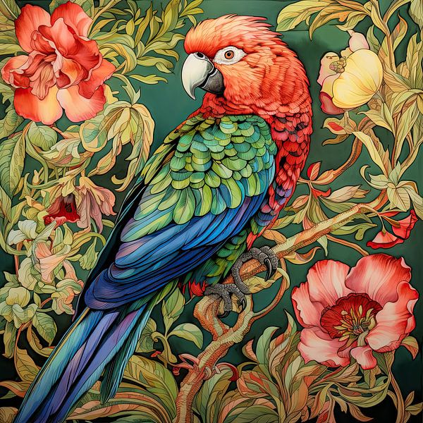Parrot portrait with flowers by Vlindertuin-Art