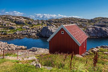 Red cottage on Lindesnes peninsula in Norway by Rico Ködder
