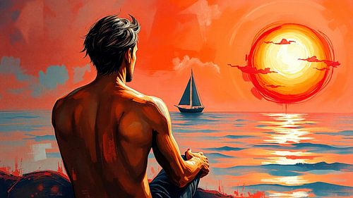 Dromerige melancholie in de zonsondergang - Een man zit aan zee, gewikkeld in de warme omhelzing van de zonsondergang
