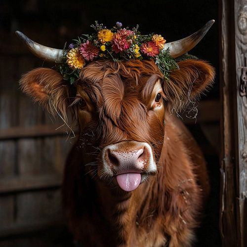 Flower-decorated cow poses cheekily in the old wooden stable