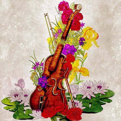 Broken violin full of flowers