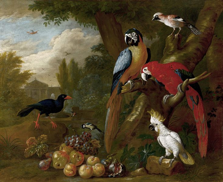 Zwei Aras, ein Kakadu und ein Eichelhäher mit Früchten, Jakob Bogdány von Meisterhafte Meister
