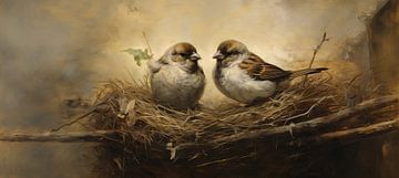 Sparrows in Nest by Blikvanger Schilderijen