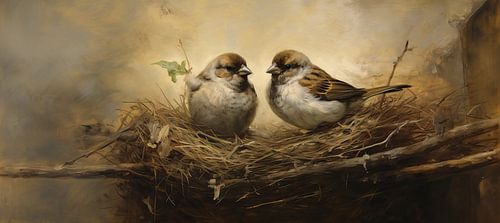 Sparrows in Nest by Eye catching paintings
